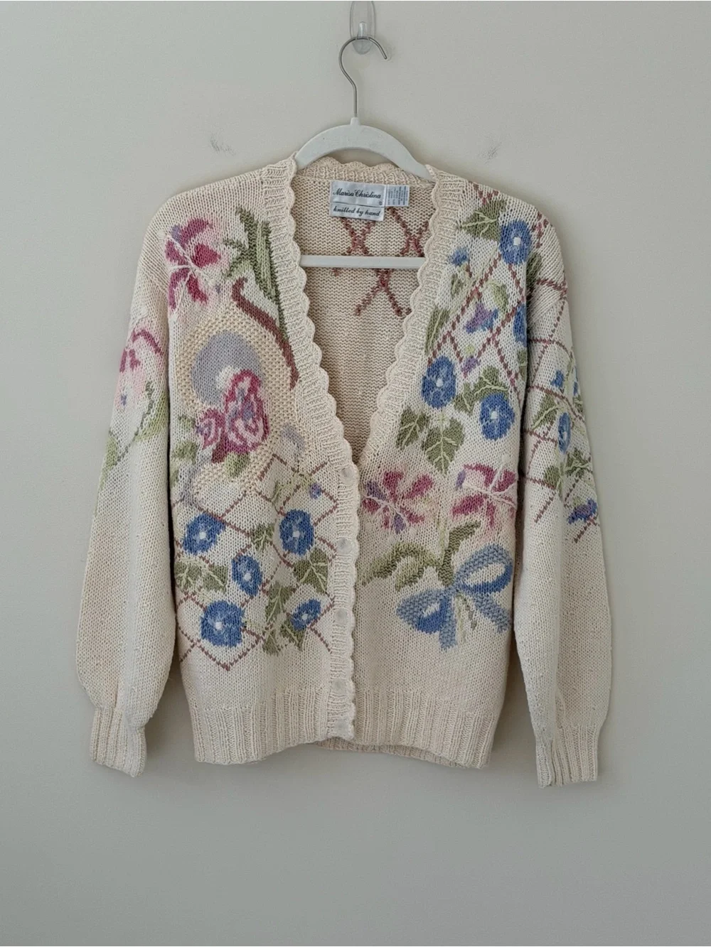 Vintage Hand Knit Floral Cottagecore Cardigan Cream Embroidered Sweater